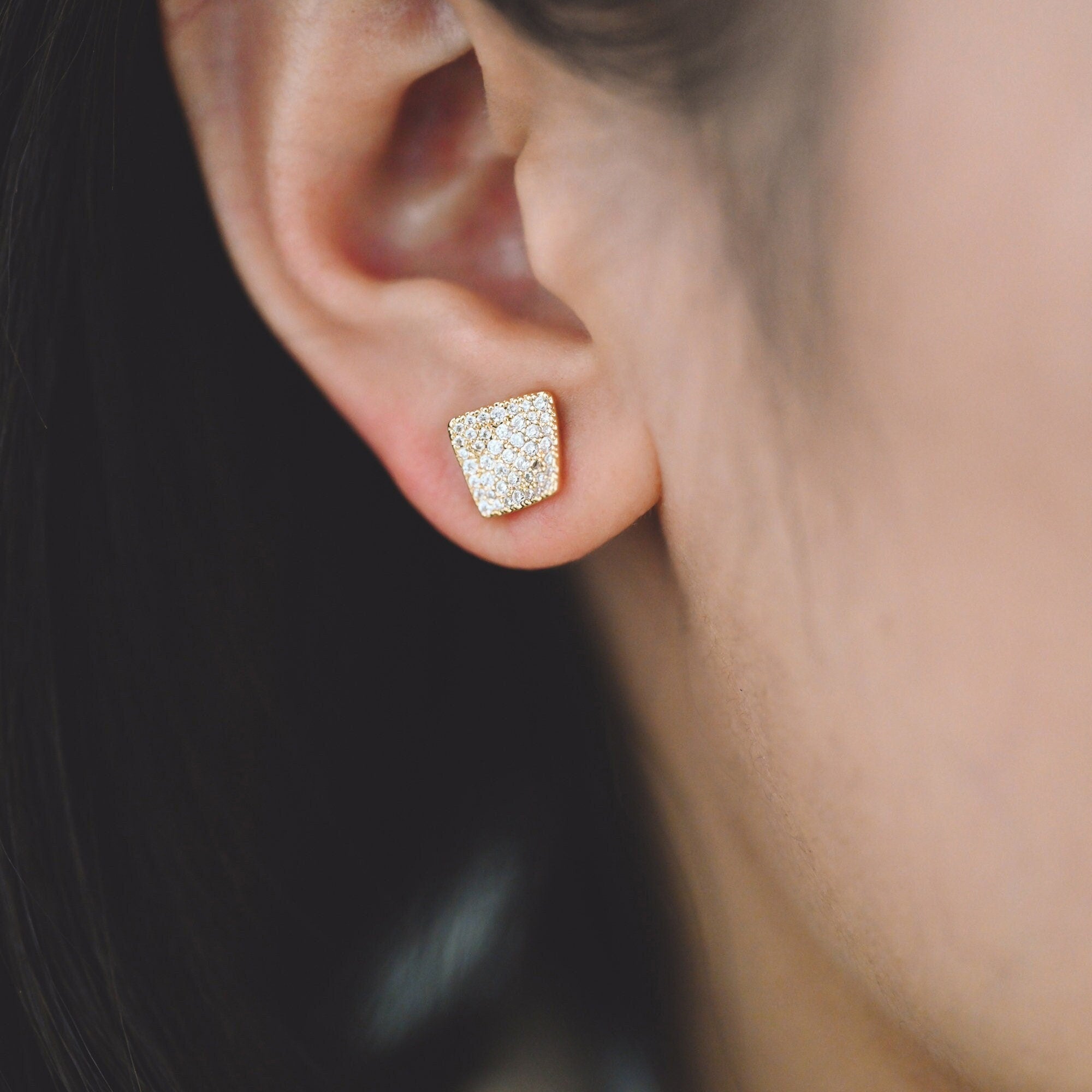 4pcs Micro Pave CZ Square Earring with Loop 11x10mm, Real Gold Plated Brass Geometric Earring Studs (GB-1287)